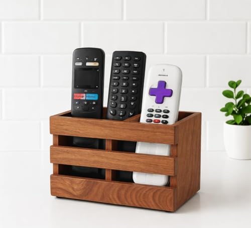 Image of Wooden Remote Control Holder Stand for Living Room & Bedroom | 2 Compartment Remote Organizer for TV, Sofa & Side Table | Brown