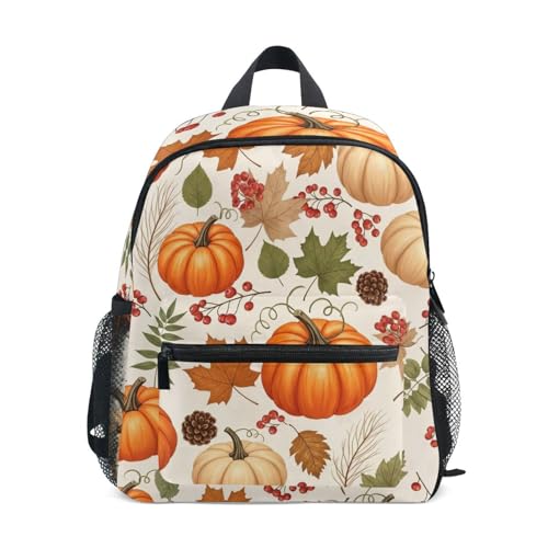 Autumn Leaves Pumpkins Cream Backpack for Toddler Girls Boys Little Kid's Backpacks with Name Tag Small Travel Backpack, 3-8 Years