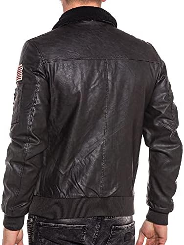 Leather Effect Bomber Jacket with Leather Collar
