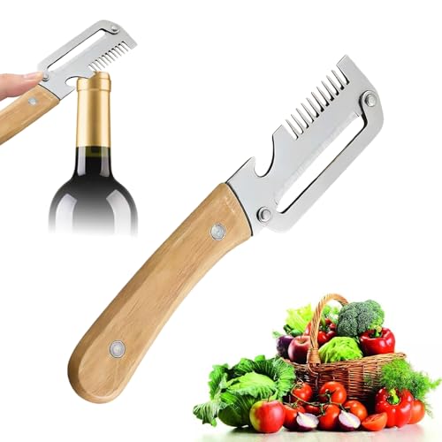 Stainless Steel Vegetable Peeler with Wooden Handle 2-in-1 Multifunctional Tool with Bottle Opener Ergonomic Potato Peeler & Fruit Slicer Sharp Blade for Carrot Apple Easy Grip Kitchen Tool (1pc-A)