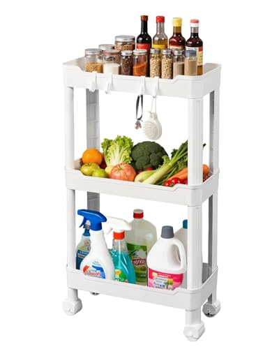 Ribelli Rollwagen 3 Ebenen, Küchenwagen schmal, Küchenregal auf Rollen, Nischenregal mit 8 Haken, Servierwagen Kunststoff für Bad, Küche, Büro, Weiß