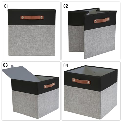 Image of Bagnizer Collapsible Fabric Storage Cube Bins with 2 Reinforced PU Handles, Foldable Storage Organizer Baskets for Closet, Shelves, Living Room | 13 inchx13 inchx13 inch, 4 Pack, Black & Gray