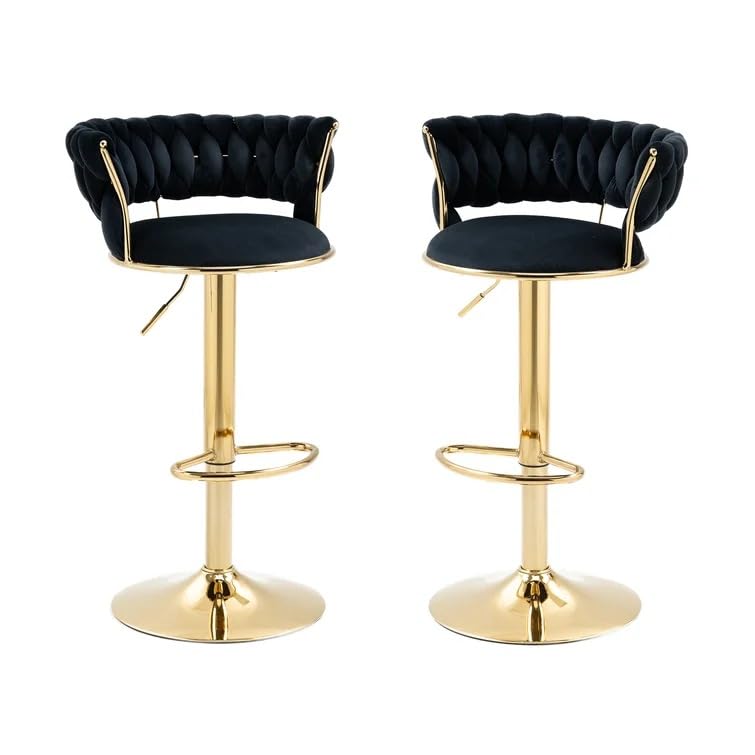 Juego de 2 taburetes de bar giratorios ajustables, sillas de cocina de metal con respaldo y reposapiés, asiento de pub ajustable en altura para el hogar, fiesta, comedor, acabado negro