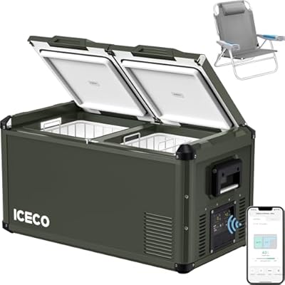 ICECO VL75ProD 12V Refrigerator, Dual Zone Portable Fridge with SECOP, Multi-directional Lid, 0-50°F, APP Control, Dual USB 12/24VDC&110-240VAC, Car Refrigerator For Car| With Beach Chair-Grey