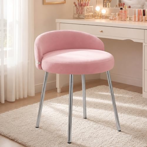 Hellove Tabouret Coiffeuse Samt Rond avec Pieds en Métal Argenté, Chaise Coiffeuse Moderne Vanity Stool avec Dossier Courbé et Assise Rembourrée pour...