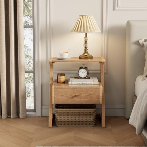 Image of Z-Shaped Solid Wood Nightstand with Drawer,Z Wooden Night Stand with Open Storage,Bed Side Table with Drawer for Bedroom, Modern Mid Century end Table Easy Assembly