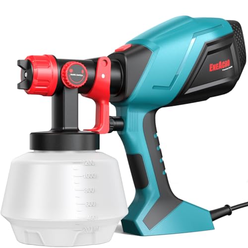 ENEACRO Pistola de Pintura, 700W HVLP Pulverizador Eléctrico con Contenedor de 1200ml, Flujo y Ángulo de Rociado Ajustables, 5 Boquillas de Latón para Interiores y Exteriores