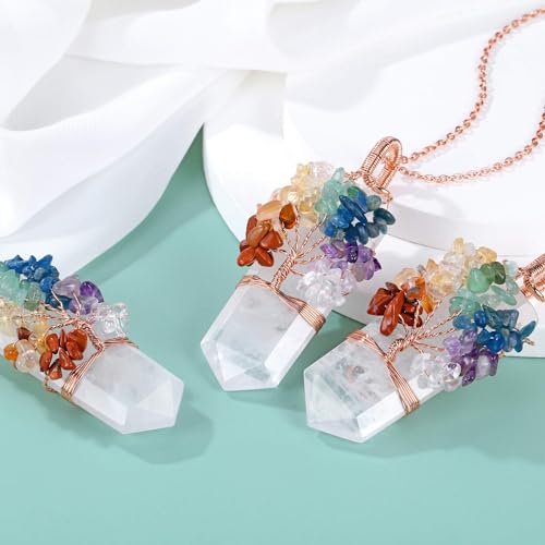 Natural 7 Chakra Stone Life Tree Pendant Necklace Reiki Healing Crystal Tumbled Stones Necklace Women Jewelry for Good Luck, Meditation, Protection, Energy Balancing, Gift2