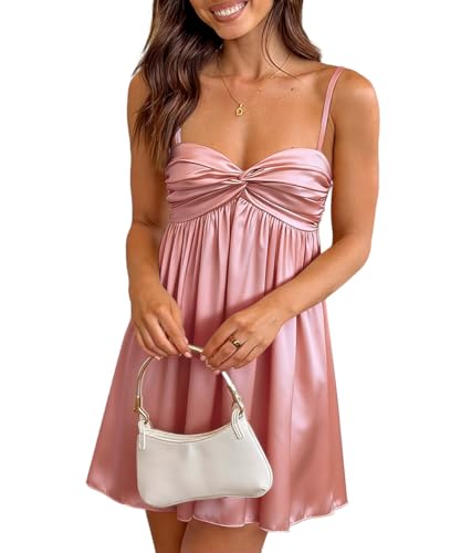 ABINGOO Women Satin Spaghetti Straps A-Line Flowy Mini Dress Sweetheart Pleated Short Homecoming Party Club Dresses(Pink,L)