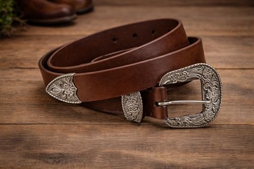 Image of Men's Genuine Leather Belt with Vintage Engraved 38mm (1.5 inch) Zinc Alloy Buckle | Premium Black /Brown Leather Belt for Jeans & Casual Wear