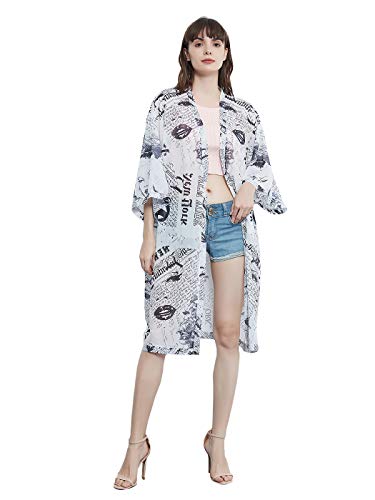 Anna-Kaci Women Print Short Sleeve Cardigan Long Open Stuff Kimonos Loose Casual Cover Up Shirts, Black, One Size