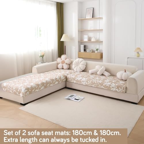 Image of HOKIPO 'Elira Series' Printed Water Repellent + Waterproof Quick Dry L Shape (3+3 Seater) Sofa Seat Cover Mat, Buff Brown Sillehoute Floral (NEW-AR-5249-C7*2)