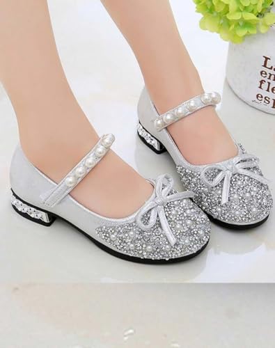 Girls' Glitter Mary Jane Dress Shoes, Pearl Strap, Silver, Low Heel,Size 2.54