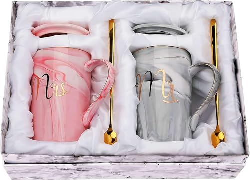 Amerteer Mr and Mrs Coffee Mugs - Wedding Gift - for Bride and Groom - Gift for Bridal Shower Engagement Wedding and Married Couples Anniversary -Ceramic Marble Cups 14 oz