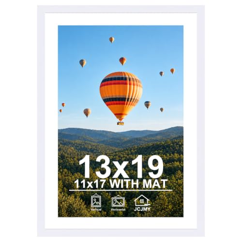 JCJMY 13x19 Picture Frame with 11x17 Mat, White 13 x 19 Poster Frame with Shatter Resistant Plexiglass, Display 11 x 17 with Mat or 13 by 19 Without Mat, Sturdy Wall Hanging Frame, 1 Pack