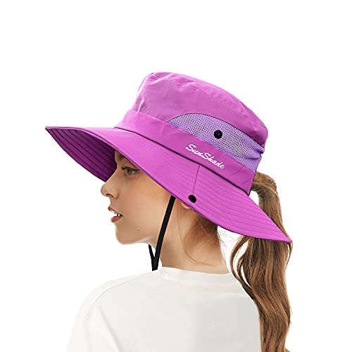 ECOMBOS Womens Sun Hats Wide Brim UV Protection Mesh Foldable Ponytail Bucket Fishing Hat Beach Cap for Fishing Hiking Gardening Outdoor