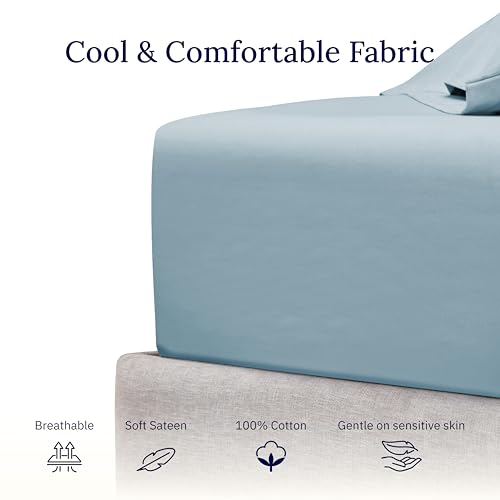 California Design Den Twin XL Deep Pocket Fitted Sheet, Soft 400 Thread Count 100% Cotton Sateen, No Pop-Off Elastic, Deep Pocket Cooling Sheets, Durable Fitted Sheet for Dorms (Sky Blue)