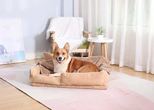 Pbed Dog Bed For Medium Dogs,Bolster Couch Dog Bed With Removable Machine Washable Cover,Rectangle Dog Sofa With Warm Pet Blanket And Cooling Mat,Foam Pet Bed With Nonskid Bottom,Khaki #TOP5