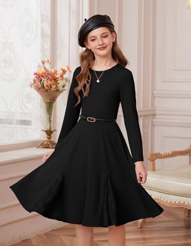GRACE KARIN Girls Long Sleeve Dress Lace Hem Knit Fall Winter Pullover Dresses for Girls 5-12Y2