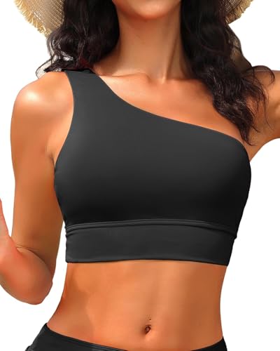 Holipick Women One Shoulder Bikini Tops Only Bathing Suit Top Sports Bra Swim Tops Longline Crop Top for Teen Girls