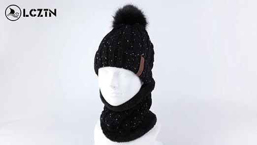 LCZTN Womens Pom Beanie Hat Scarf Set Girls Cute Winter Ski Hat