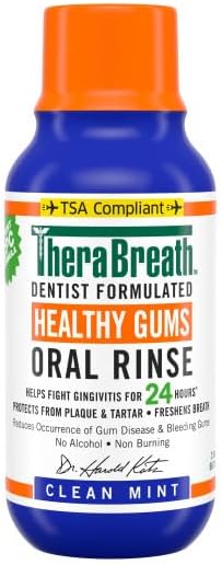 Miniatura 7 de TheraBreath Enjuague bucal Healthy Gums, menta limpia, antigingivitis, 1 litro (33.8 fl oz) + tamaño de viaje, 3 onzas líquidas