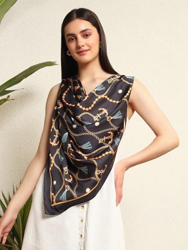 Image of Ravaiyaa - Attitude is everything Women Silk Digital Print Large Square Scarf Breathable Lightweight Neckerchief Printed Headscarf 40 inch x 40 inch Inch
