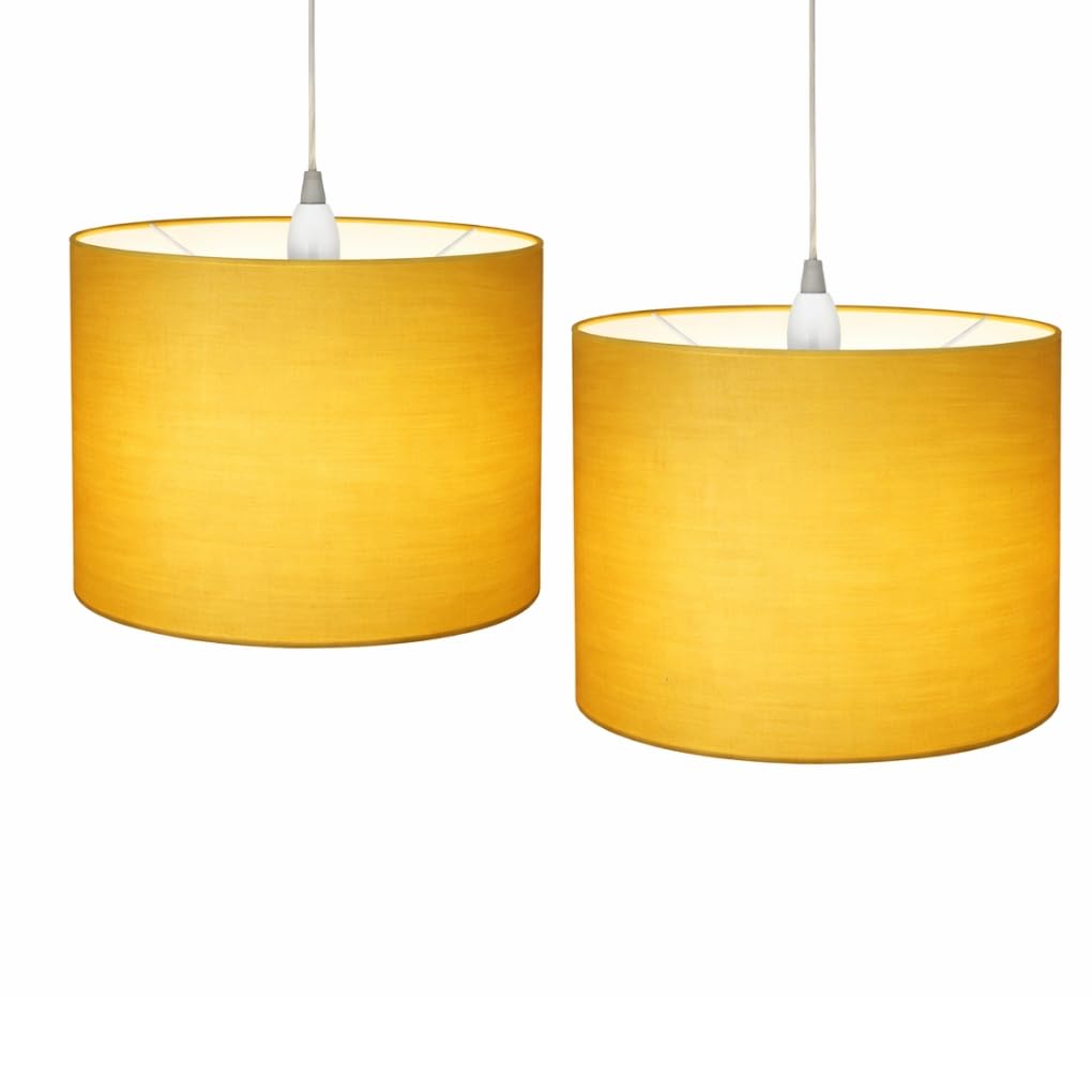Modern Ceiling Light Shade – Mustard Colour Drum Lampshade 25cm (10") – Easy Fit Pendant or Table Lamp Shade – Fabric Cylinder Light Shade – Pack of 2