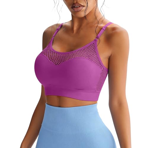 Women's Sports Bras Fishnet Patchwork No Underwire Push Up Bra Fashion Yoga Athletic Bralette Pink