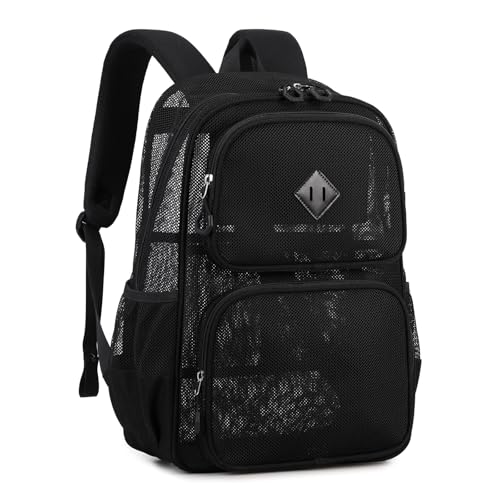 Mesh Backpack for Girls Boys Kids, Heavy Duty Mesh Bookbag, Net Backpack See Through for School,Beach,Swimming,Work,Travel (Black)