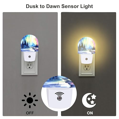 Image of Northern Lights and Forest Night Light for Kids,Winter Aurora Borealis Fir Trees Plug in Night Light with Dusk to Dawn Sensor, 0.5w Energy Saving Nightlight for Hallway Stairway Kitchen Bedroom