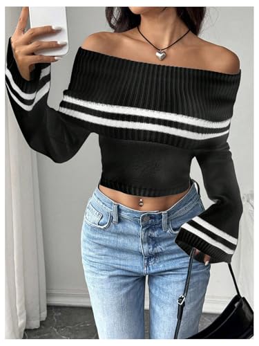 MakeMeChic Women's Off The Shoulder Sweaters Bell Sleeve Tops Cropped Sweater Striped Pullover Trendy4