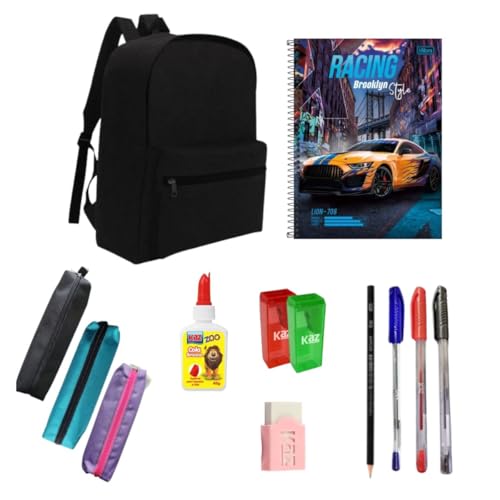 Kit Material Escolar 11 itens Ensino Médio Fundamental Masculino Completo Mochila Estojo Canetas Lápis Cola Borracha