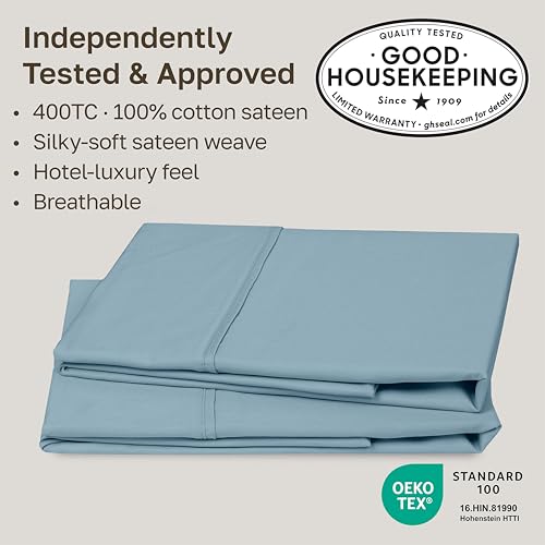 Image of California Design Den King Size Pillowcase Set - 400 Thread Count, 100% Cotton Sateen, Set of 2 Pillow Covers, Soft and Breathable - Sky Blue