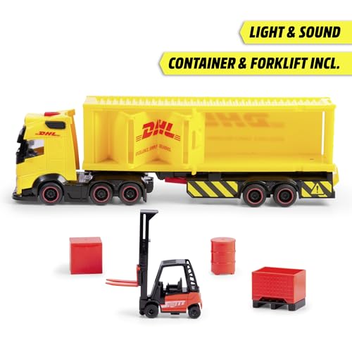 Dickie Toys Volvo DHL Truck FH16 (35 cm) - Spielzeug LKW mit Gabelstapler, Licht & Sound - Großes Kinder LKW Spielzeug ab 3 Jahre, Post-Transporter inkl. Batterien & Zubehör - 203747018