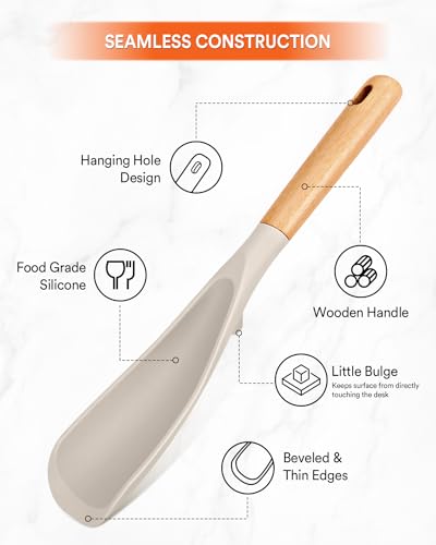 Image of Cooking Spoon And Rice Scooper for Nonstick Cookwares, Great for Cooking and Serving Durable BPA-Free Matte Silicone, Wood Handle Spoon for Mixing, Scoop, and Scrape