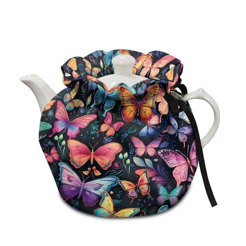 Image of Colorful Butterfly Tea Pot Cover Keep Tea Warm Insulation Teapot Cozies Machine Washable Kettle Cover Breakfast Warmer Home Decor for Home Kitchen Tea Party Table Decor
