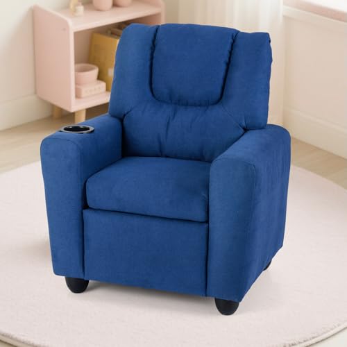 Image of Kids Recliner, Toddler Lounge Chair w /Cup Holder, Wide Armrest, Kids Sofa w /Adjustable Footrest, Comfy Toddler Recliner Chair for for Boys & Girls 3 + (Fabric, Blue)