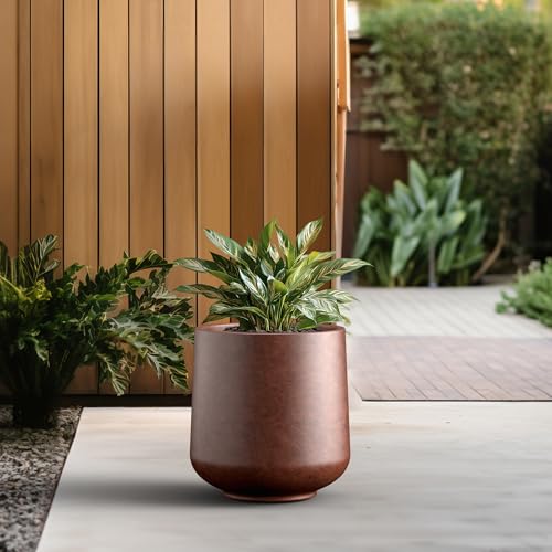 Image of Kante Large Round Curved Rusty Concrete Planter 16.5 inch Dia, Outdoor | Rubber Plug for Indoor, Drainage for Garden, All-Weather Cement Tree Pot, Handcrafted, Anti-Frost & UV, Modern Home Decor