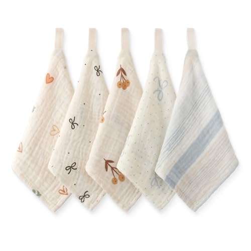5 Piezas Cuadrados Muselina Bebé 26×25cm, Paños para Escupir Suaves 100% Algodón, Transpirables & Absorbentes, Ideales para Alimentar, Limpiar & Lavar Recién Nacidos, Blanco(B)