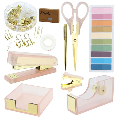 MultiBey Pink Gold Acrylic Sticky Notes Holder Stapler and Tape Dispenser Cutter with Sticky Notes, 950 Staples & Tape, Staple Remover, Scissor, Ballpoint Pen, Paper Clips Set for Women Office Home