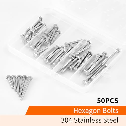 Image of M4 x 20mm 25mm 30mm 35mm 40mm Heavy Duty Hexagon Bolts Hex Head Screws, 304 Stainless Steel, Metric Machine Fully Threaded, Bright Finish, Assortment Kit 50PCS