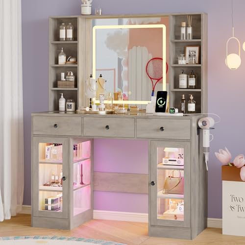Image of Makeup Vanity Desk with Mirror and Lights, 43 inch Grey Vanity with Glass Top, Jewelry Storage, 3 Drawers & Glass Cabinets, Power Outlet & Adjustable LED Lights, Dressing Table for Women & Girls Bedroom