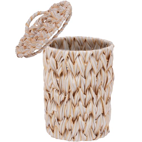 hardcometrue Boho Wicker Trash Can with Lid,Waterproof Bathroom Trash Can Hand Woven Wicker Waste...