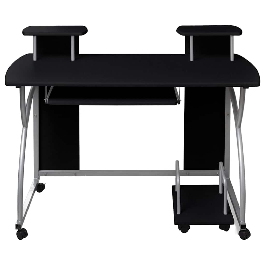 Hothingwell Biurko komputerowe czarne 110x52x88,5 cm drewno inżynieryjne | Podkładka przesuwna na klawiaturę, 2 półki, zdejmowana dolna półka, koła z hamulcami, do salonu