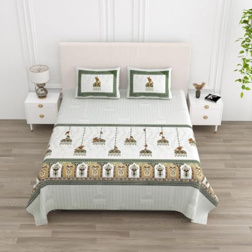 Image of 240 TC 100% Cotton Bedsheet for Double Bed King Size with 2 Pillow Covers | Breathable & Super Soft Rajasthani Sanganeri Jaipuri Printed Bed Sheet -100 * 108 Inches (Jaipuri Chhatar)