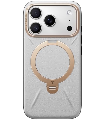 TORRAS iPhone 17 Pro 用 ケース【新感覚レザー・スキンタッチ】Ostand Q3 レザートーン MagSafe対応 リング スタンド 360°定点回転 縦横両対応 マグネット搭載 革 カメラコントロールボタン 米軍規格 耐衝撃 指紋防止 パール・グレー