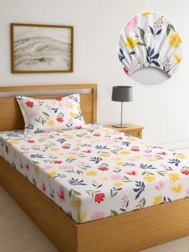 Image of la' amour Single Size Fitted Bedsheet with 1 Pillow Cover, Soft Breathable Elastic Bed Sheet for Single Bed, Premium Printed Bedsheet with All Around Elastic - 36 x 72 + 6 Inches, Candy Garden White