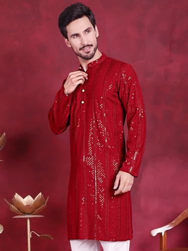 Image of Jompers Men's Regular Fit Rayon Sequins Chikankari Embroidered Kurtas