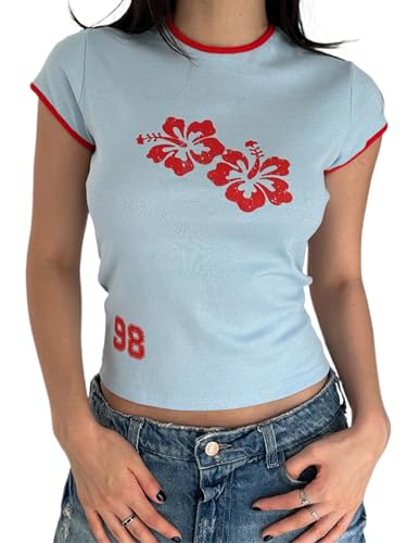 Y2k Graphic Baby-T-Shirt, Damen, Teenager, Mädchen, lässig, Blumendruck, kurzärmelig, Rundhalsausschnitt, schmale Passform, leicht, Sommer, A-Blau, S